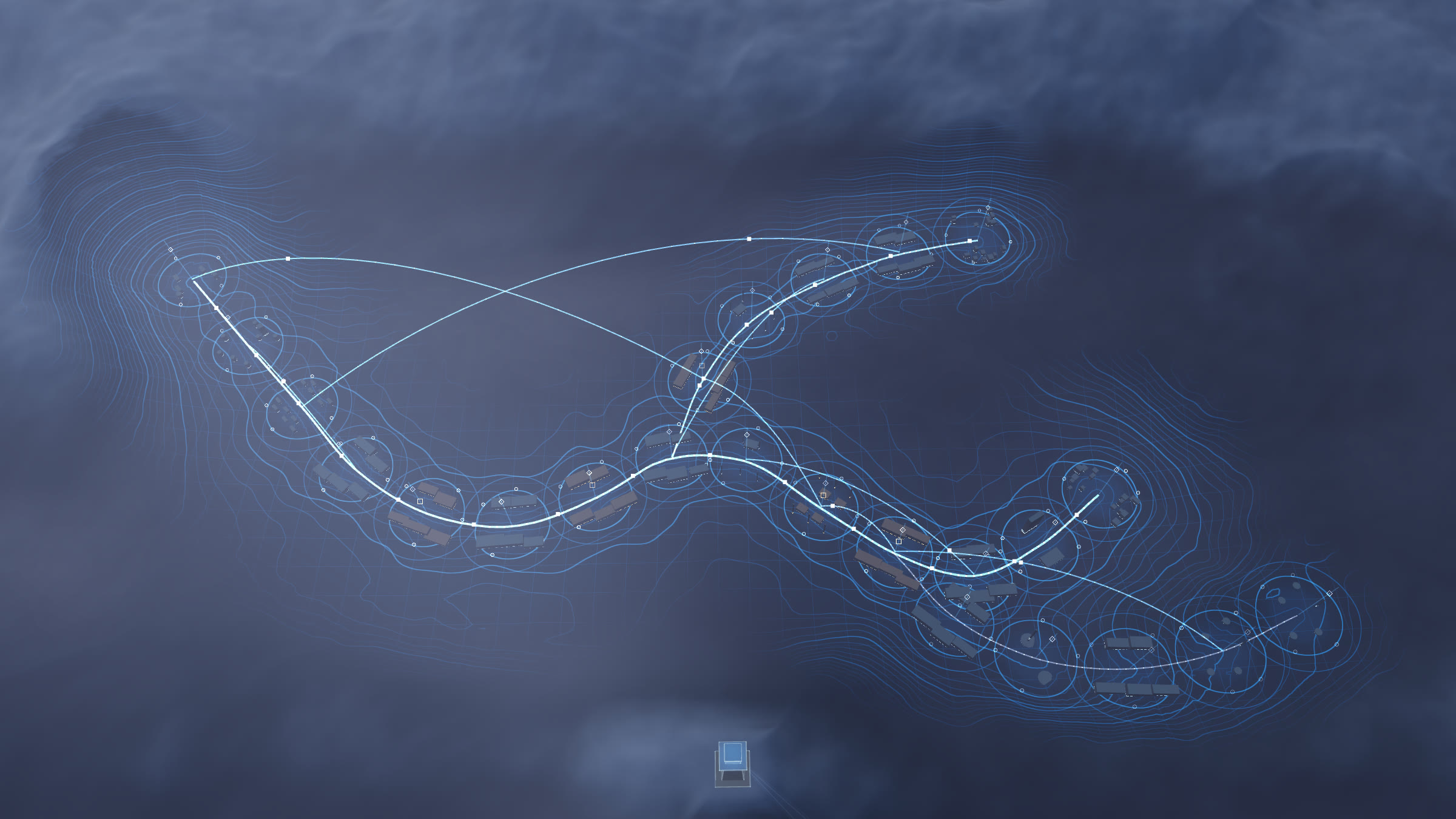 Straat's landscape from above at dawn: the chain runs through the basin as a lit river, stage by stage, with the next wave branching off it