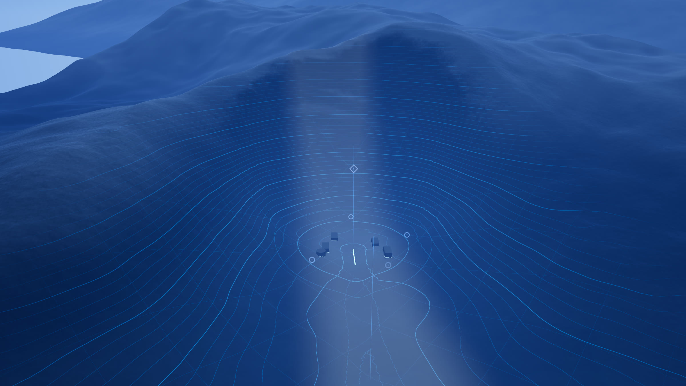 Over the crest: the contour map rises out of the mist toward the ringed pit where the chain begins